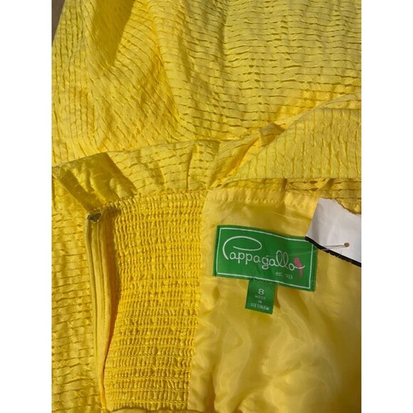 Papagallo Dress Yellow 8 Cruise Resort Wide Strap Smocked Y2K Midi Ruffle NWT - Picture 7 of 7